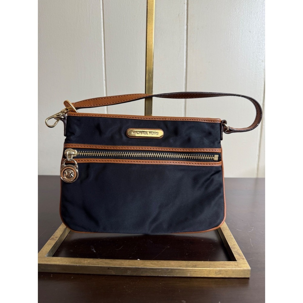 Michael Kors Black Nylon Wristlet Tan Leather Trim Gold Hardware Pouch Bag